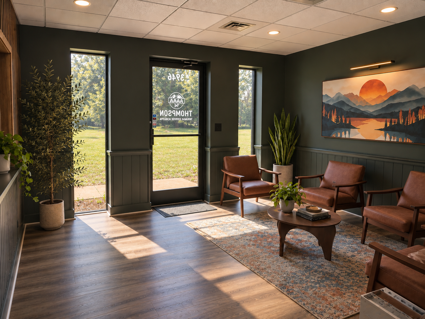 TASA Academy lobby with student seating and mountain artwork