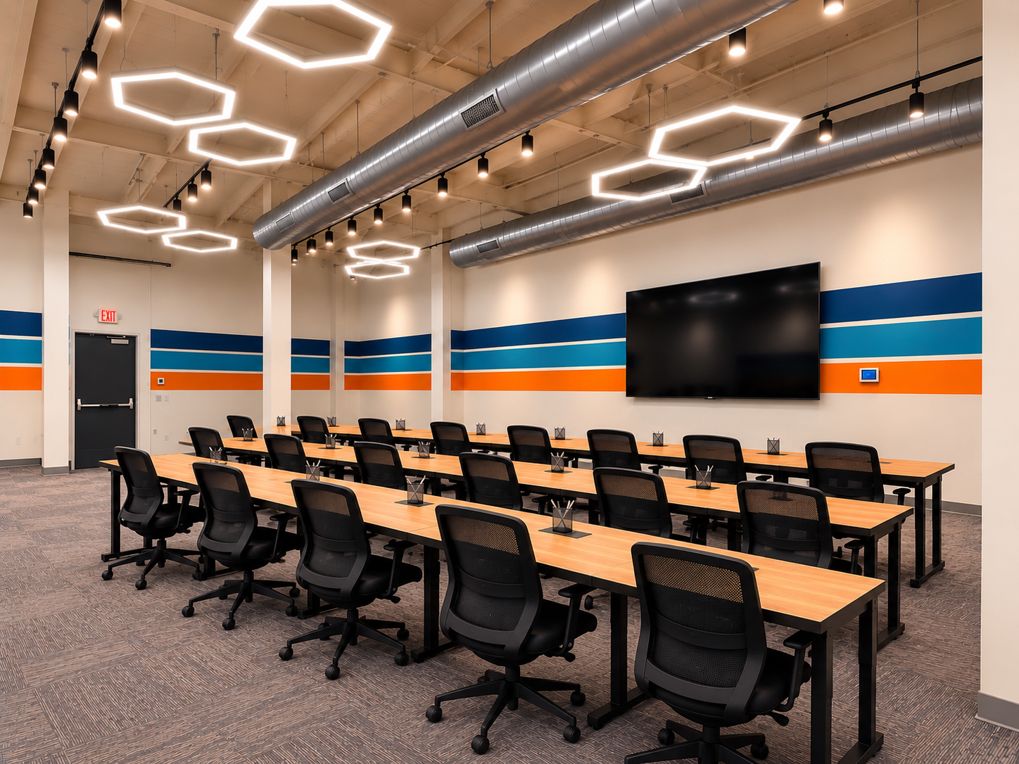 TASA classroom with individual workstations and presentation display