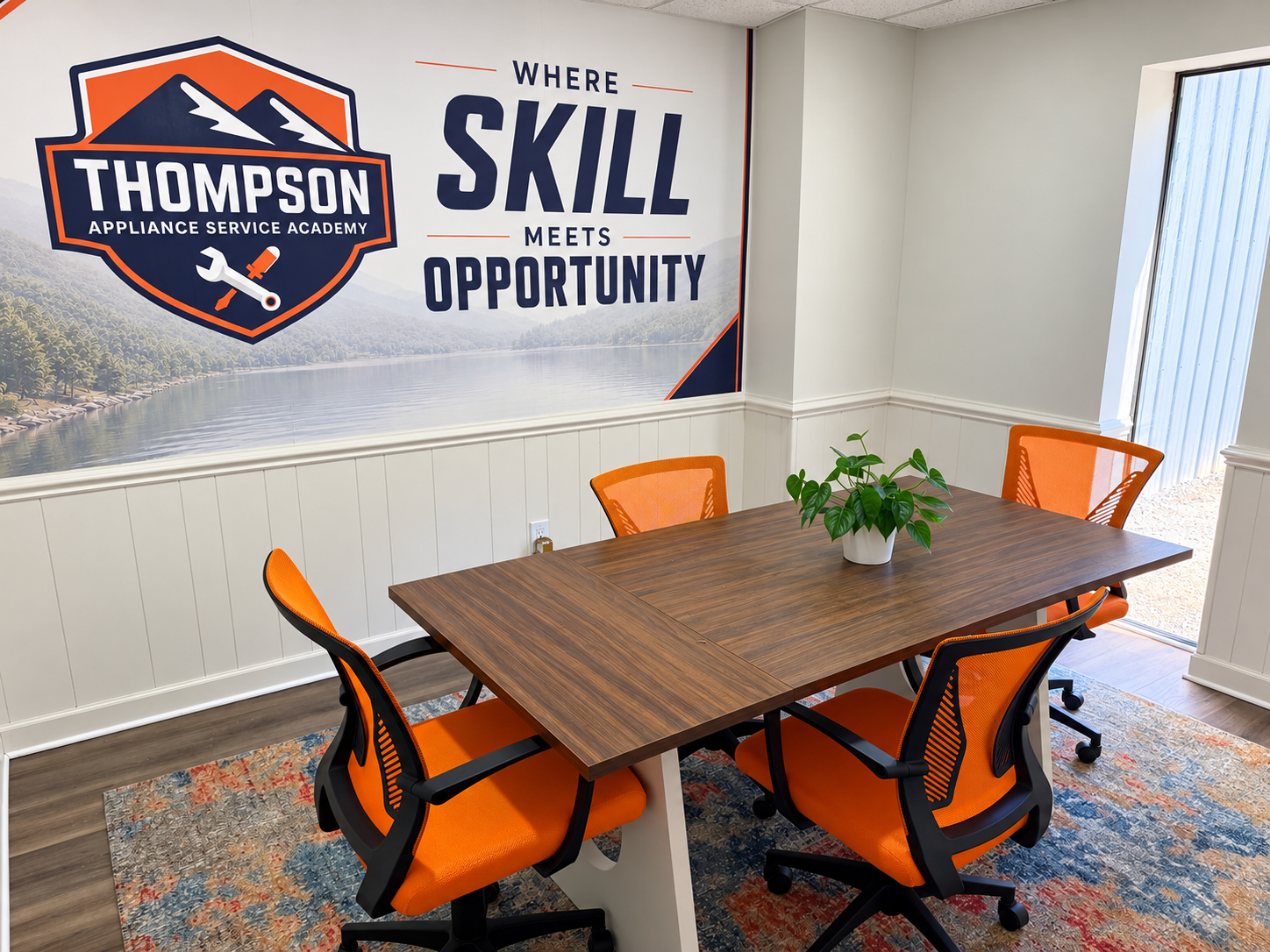 TASA conference room with academy wall graphic and orange seating