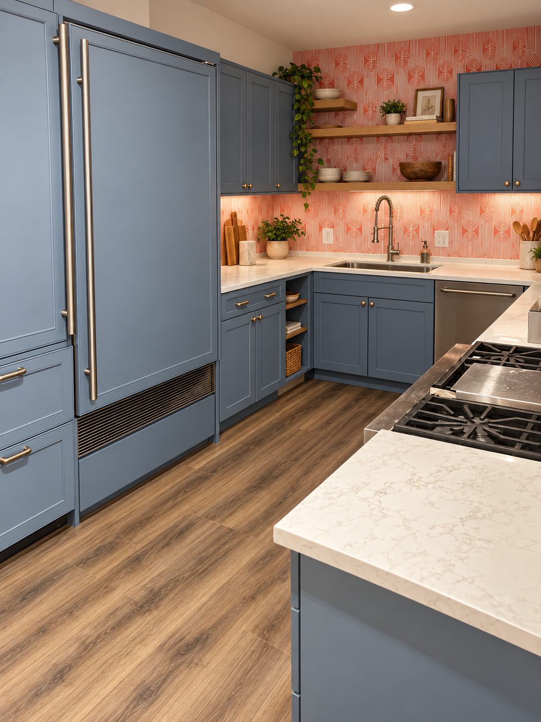 TASA Academy Kitchen with blue cabinets, refrigerator, and cooking range