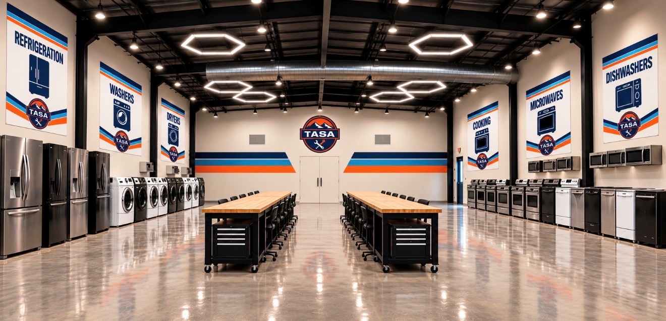 TASA appliance repair training lab with appliance stations and hands-on work tables